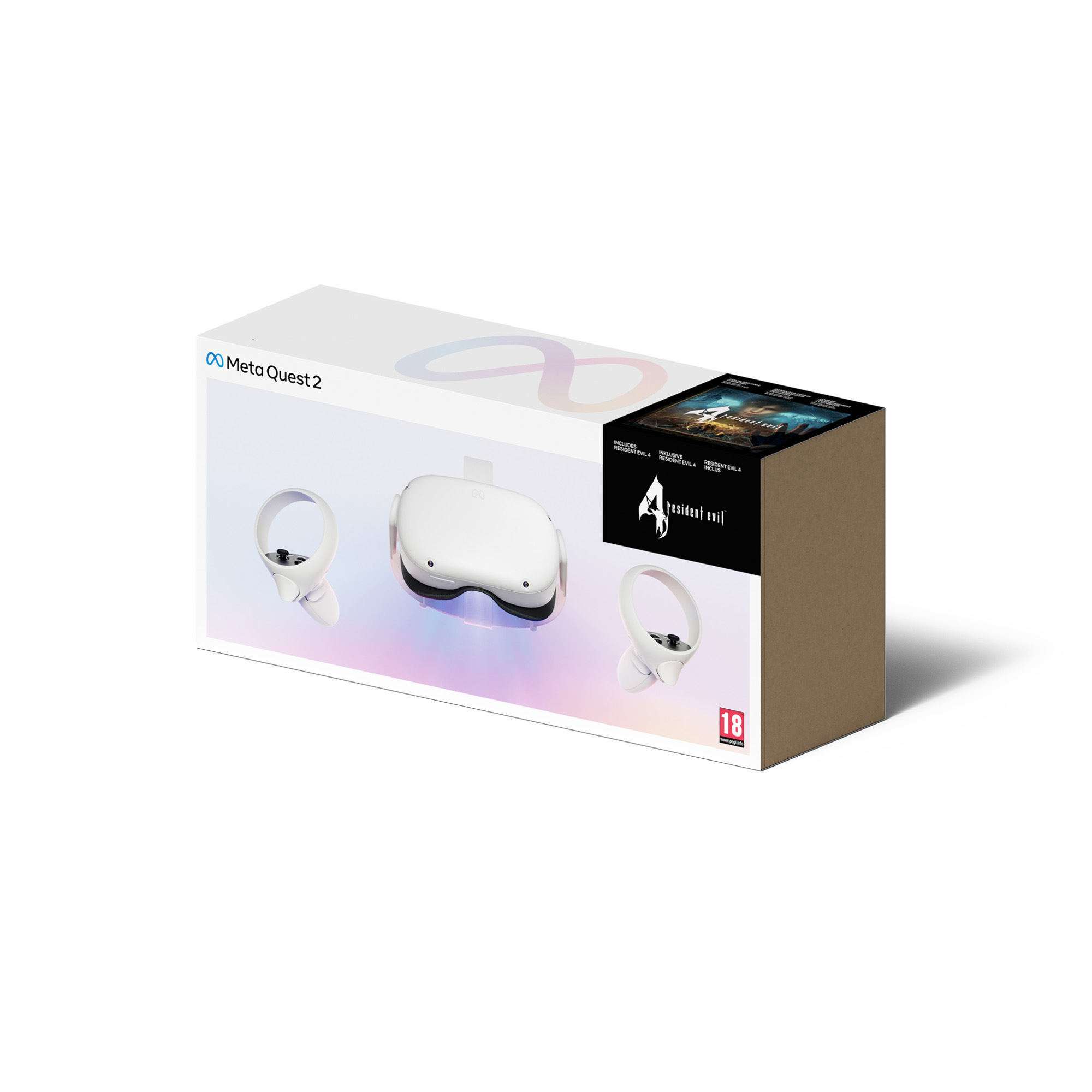 Caja Meta Quest 2, con auriculares VR y mandos, más caja de Resident Evil Village.