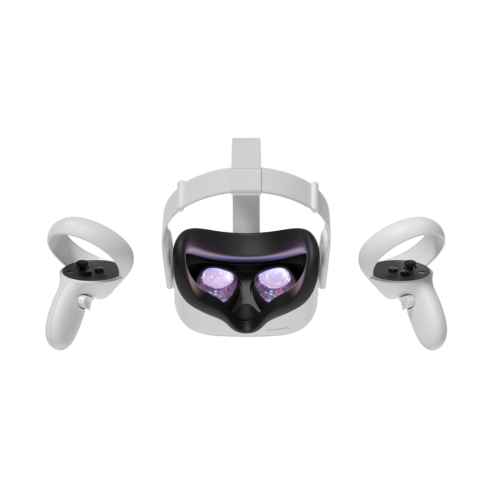 Gafas de realidad virtual y mandos, blancos, sobre fondo negro.