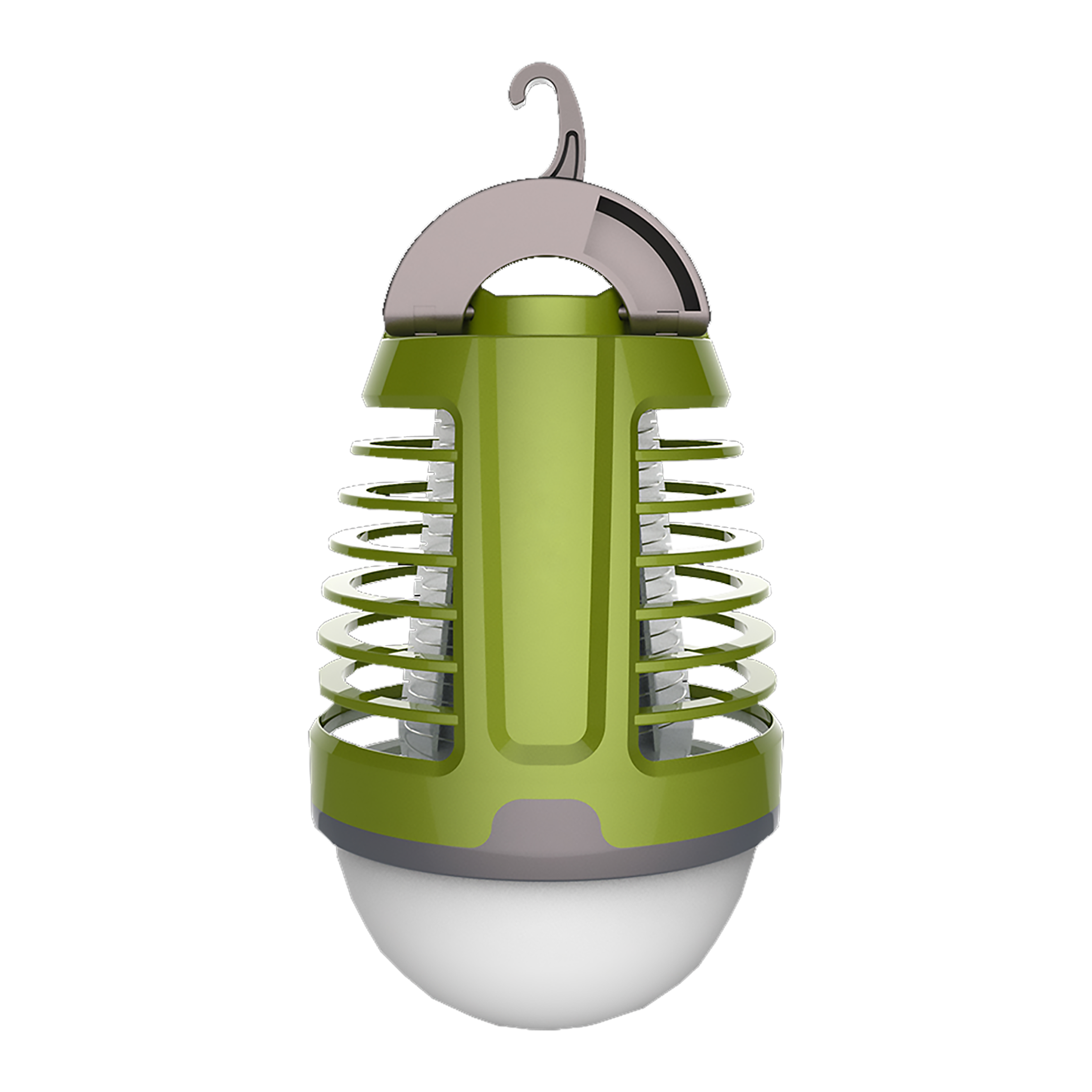 Grüne Mückenfalle mit Haken, grauen Akzenten und weißem Licht unten.