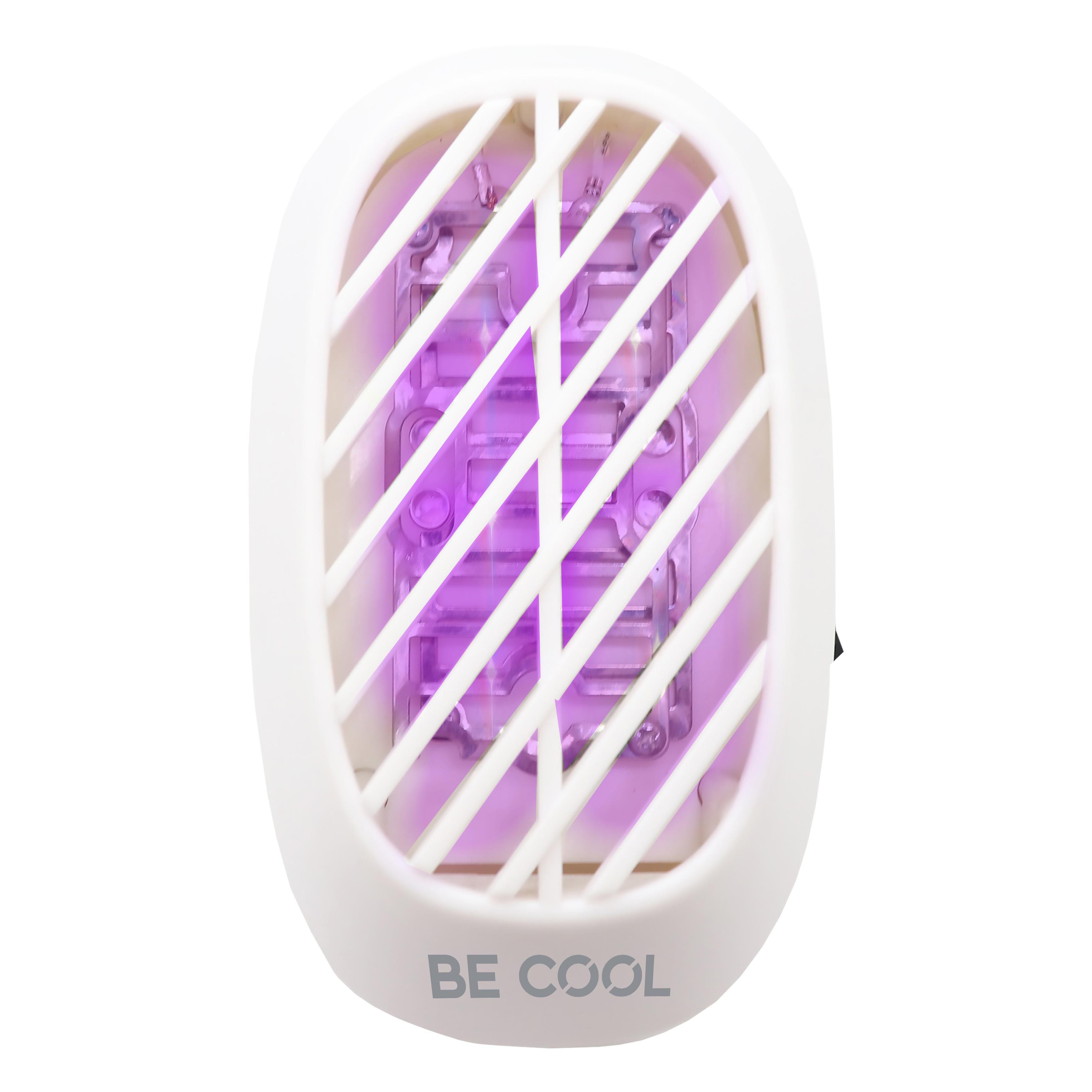 Ein weißer Mückenvernichter mit einem violetten Licht, das durch ein weißes Gitter scheint.