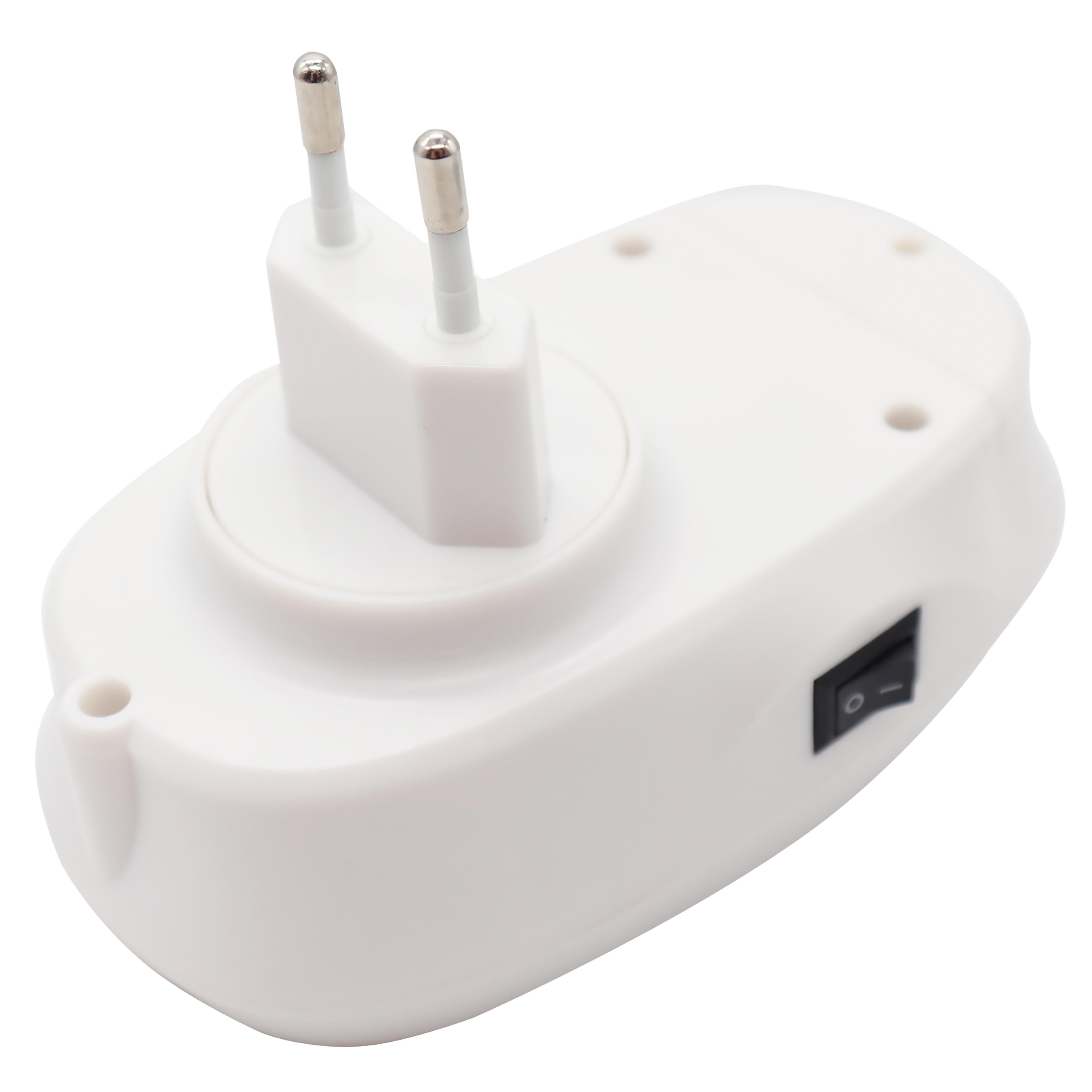 Weißer elektrischer Stecker mit zwei Stiften und einem schwarzen Ein/Aus-Schalter.