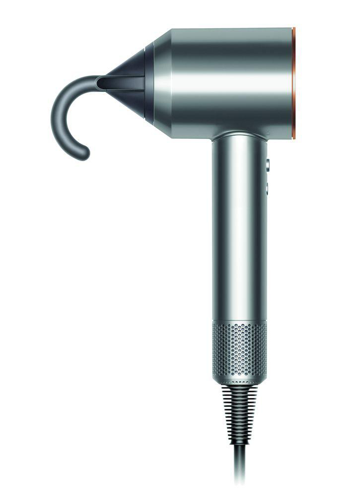 Silberner Haartrockner mit Schlaufengriff und schwarzem Kabel.