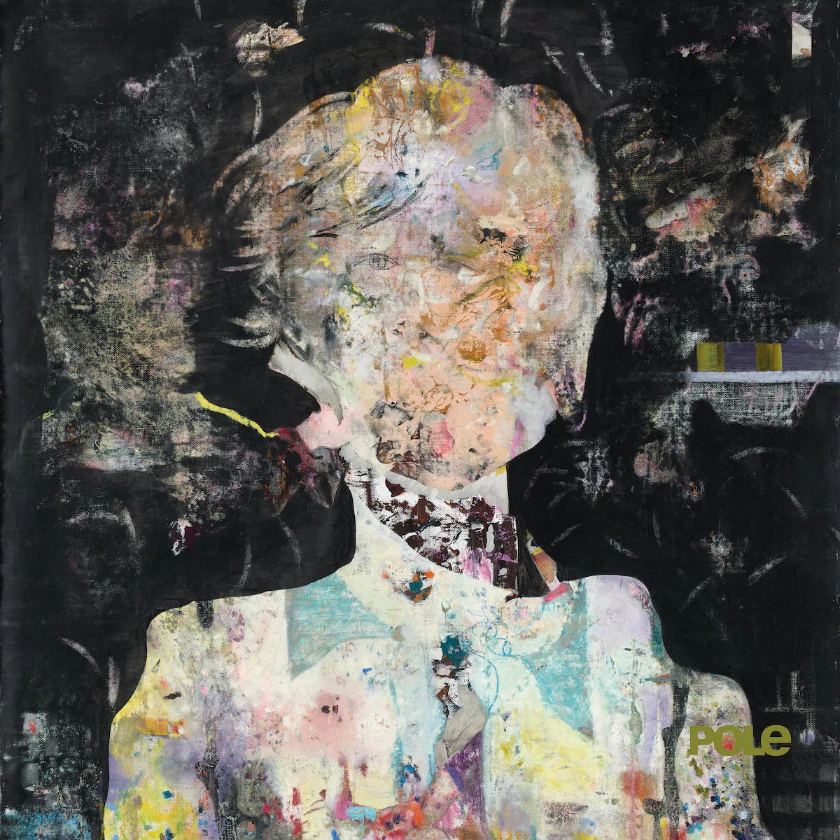 Portrait d'art abstrait d'une personne aux traits flous, peint en couleurs mélangées sur fond noir.