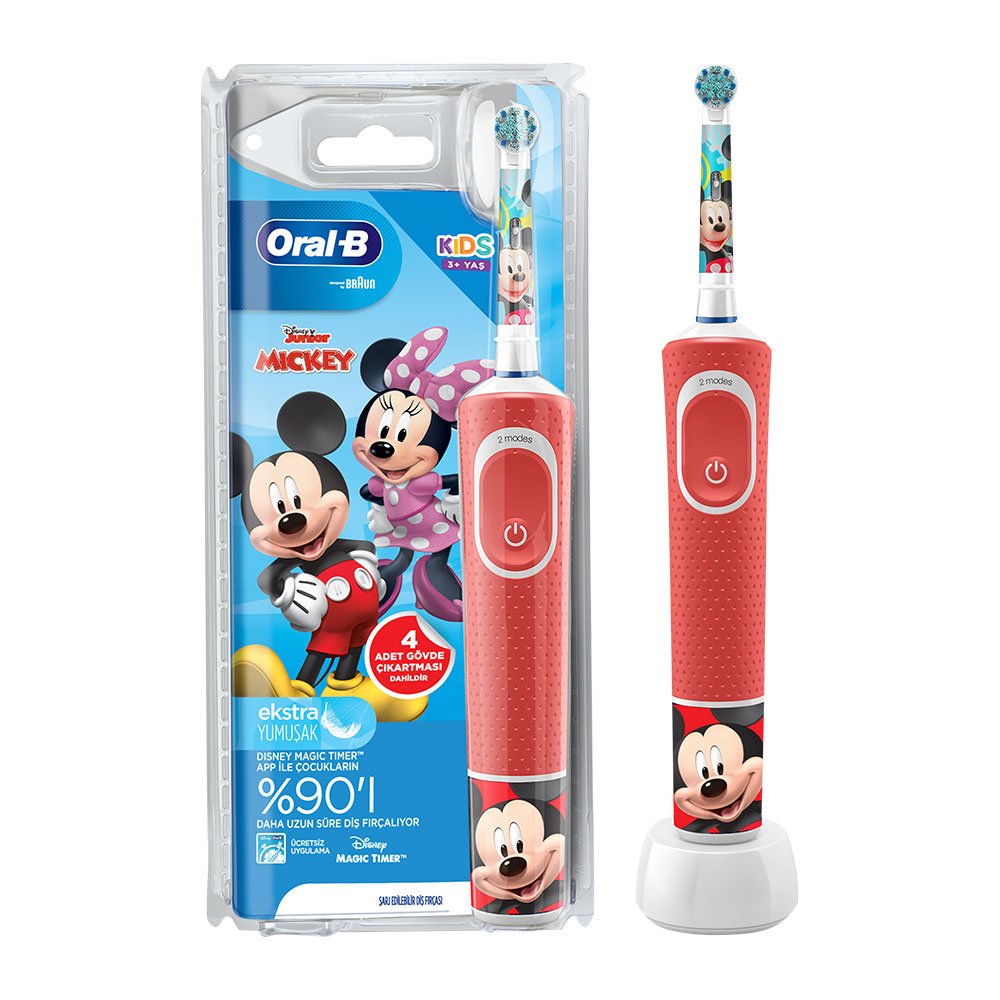 Çocuklar için Oral-B elektrikli diş fırçası, Mickey Mouse temalı, paketlenmiş ve açık.