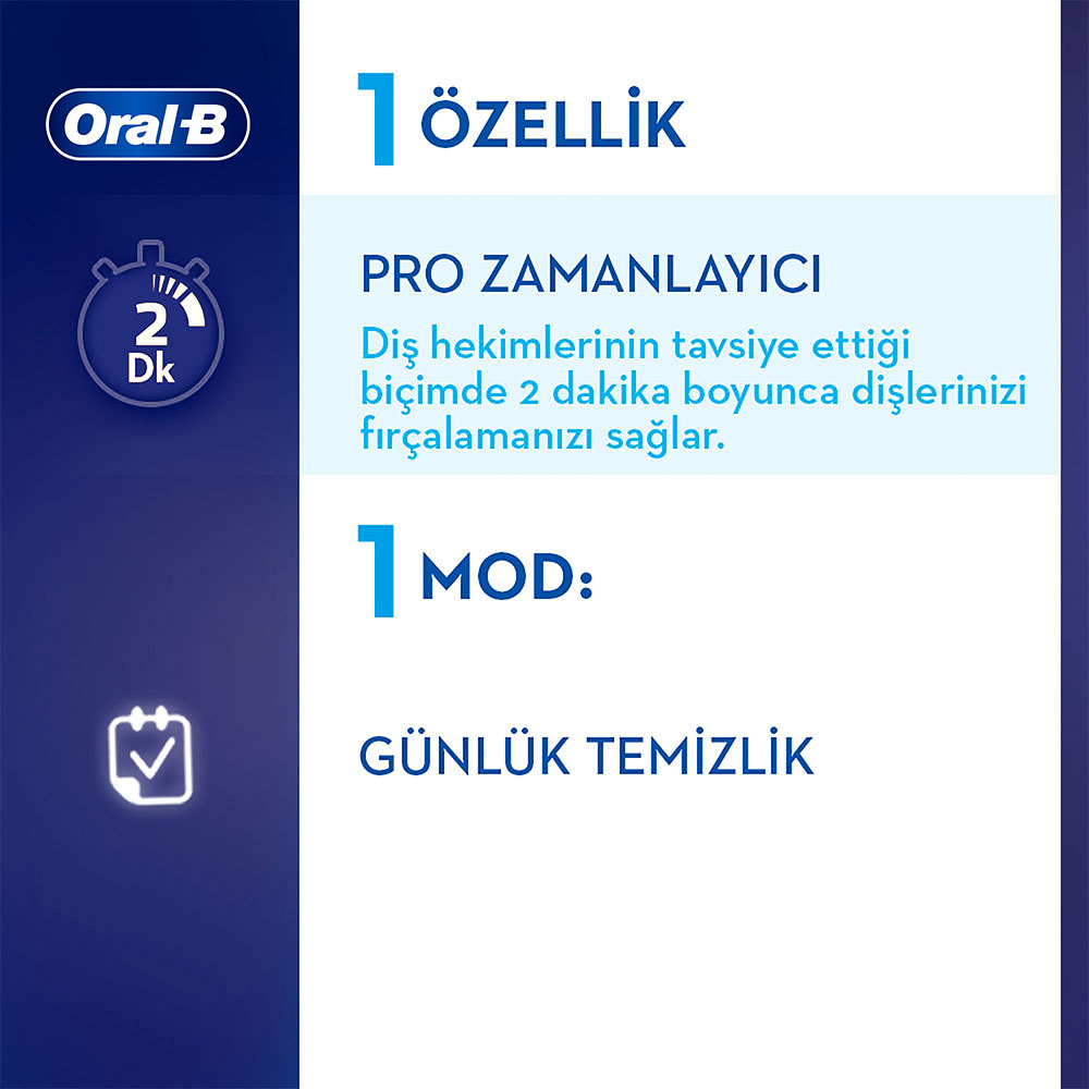 Oral-B logosu, zamanlayıcı ve mod bilgileri içeren bir reklam. Metin Türkçe olup mavi bir arka plan gösteriyor.