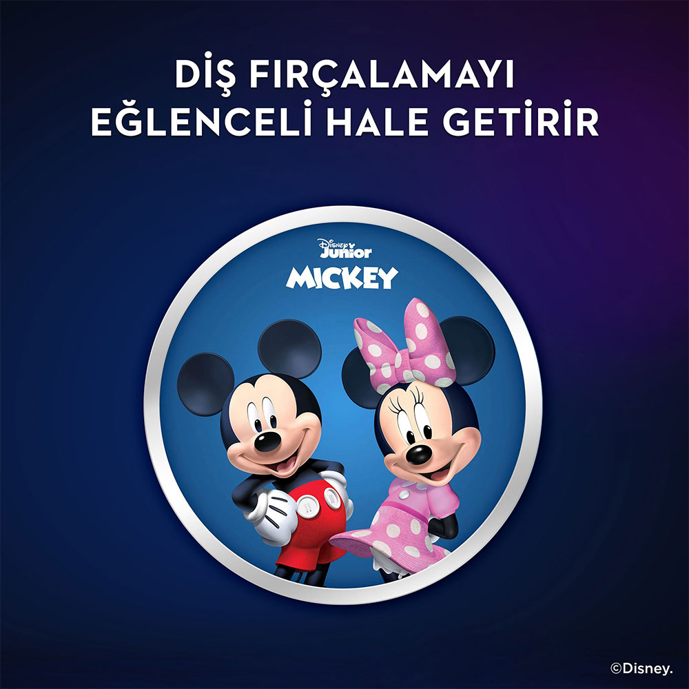 Mickey ve Minnie Mouse gülümsüyor, üstünde Türkçe metin ve Disney logosu olan mavi bir dairede.