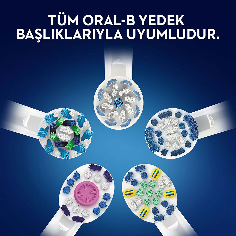 Mavi arka planda beş farklı Oral-B diş fırçası başlığının yakın çekimi.