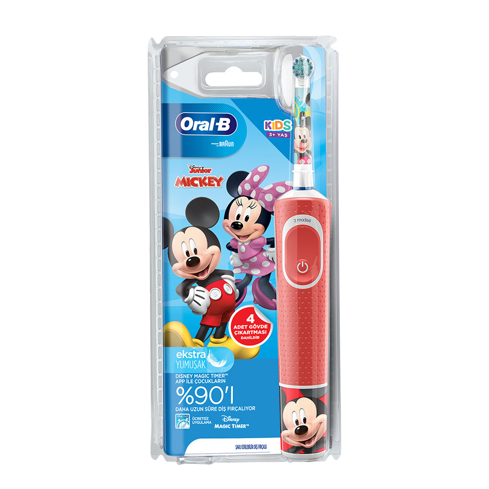 Kutulu Oral-B elektrikli çocuk diş fırçası, Mickey Mouse grafikleriyle. Diş fırçası ve ambalaj görünür.