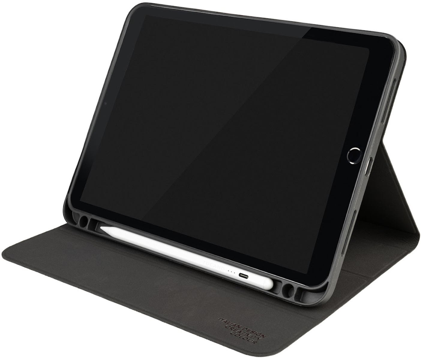 Tablet in grauem Gehäuse mit Stift. Das Gehäuse ist offen, um das Tablet zu halten.