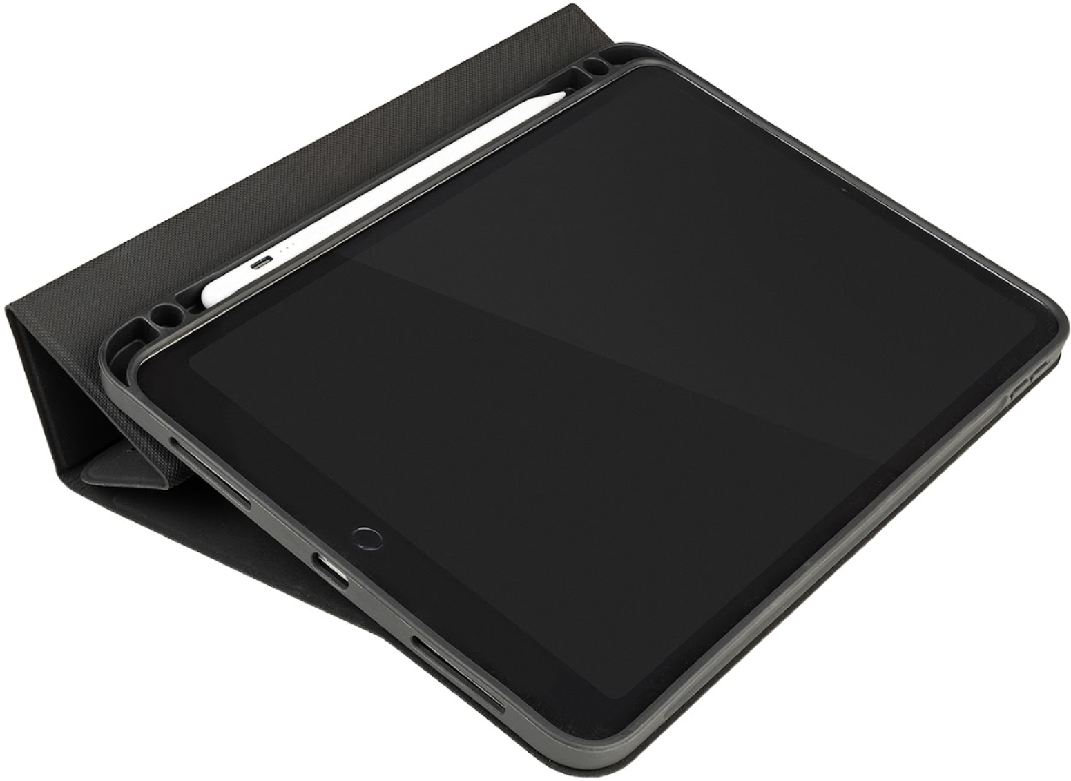 Schwarzes Tablet in grauem Gehäuse, mit Stift. Schräge Ansicht. Weißer Hintergrund.
