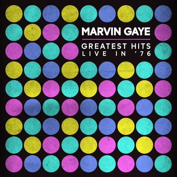 Albumcover, bunte Punkte, Marvin Gaye, 'Greatest Hits Live', schwarzer Hintergrund.