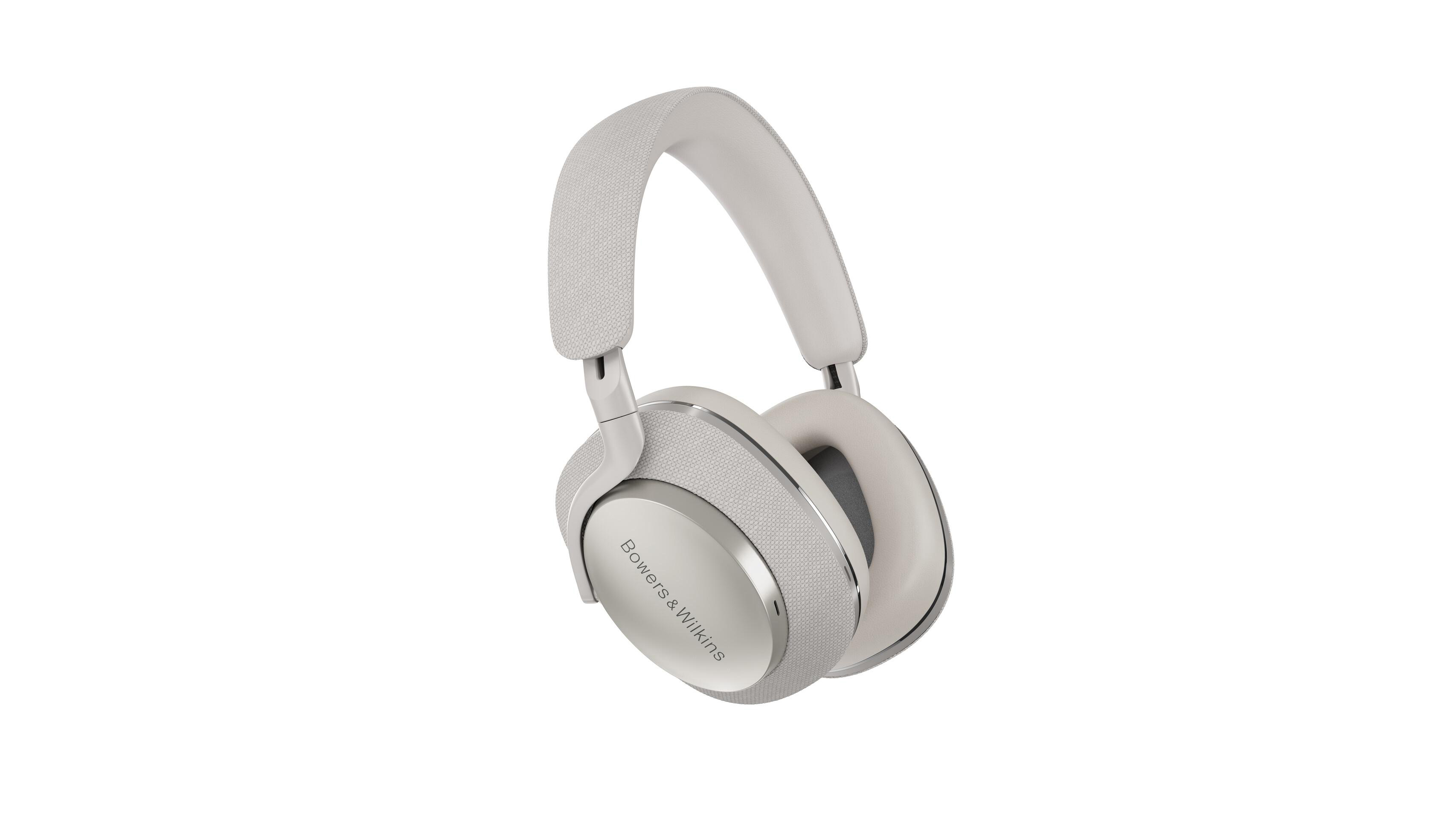 Weiße und graue Kopfhörer mit dem Logo 'Bowers & Wilkins' vor weißem Hintergrund.