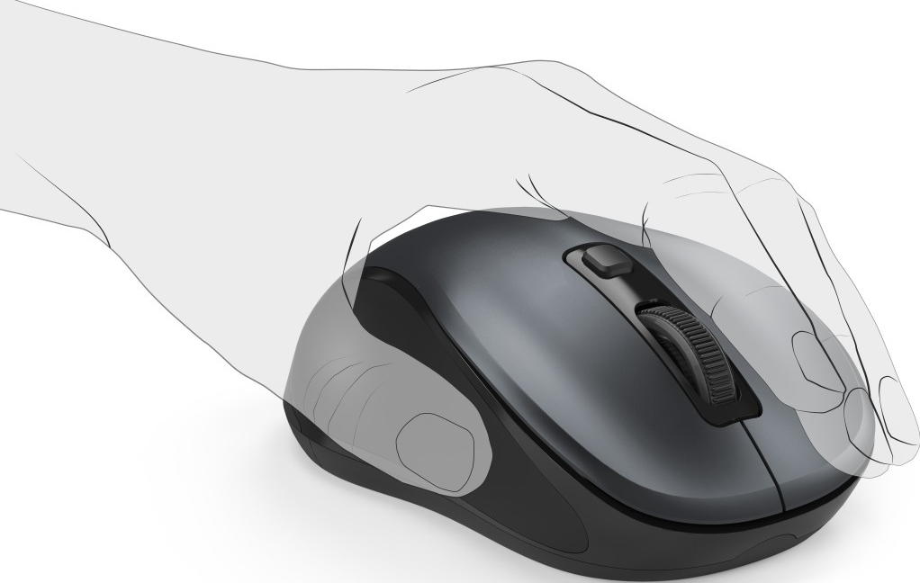 Mano che tiene un mouse per computer grigio scuro con una rotella di scorrimento.