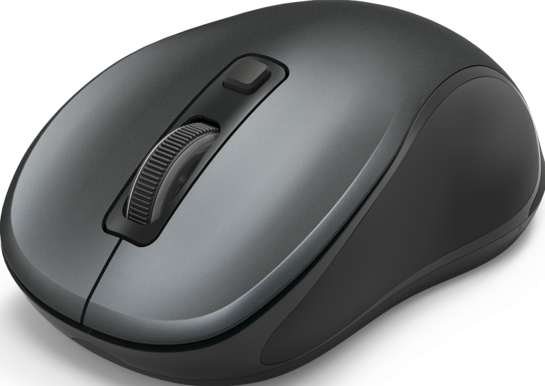 Mouse per computer grigio scuro con rotella e due pulsanti, vista dall'alto su superficie bianca.