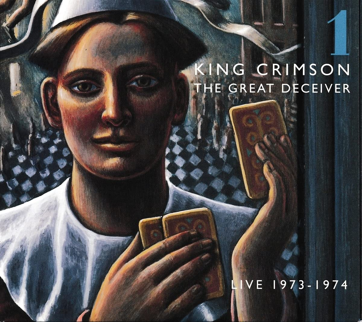 Album borító: Egy férfi kártyákat tart, kalapot visel, a 'King Crimson' szöveggel.