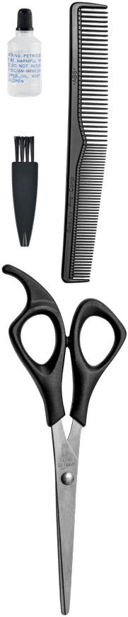 Hairdressing tools: scissors, comb, brush, and a bottle of liquid, all on a black background.