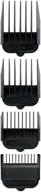 Hair clipper attachments in a row, numbered for cutting lengths.