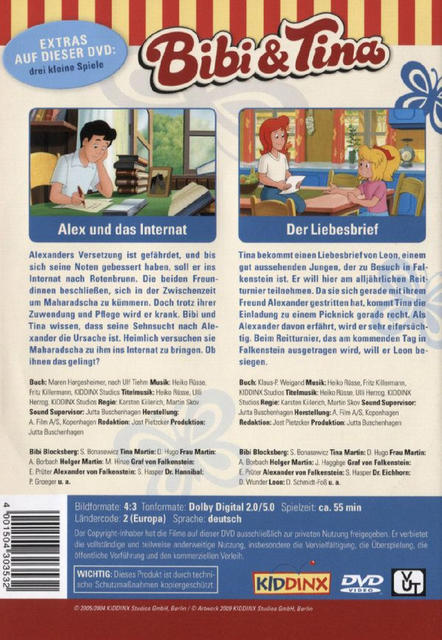 Rückseite einer Bibi & Tina DVD-Hülle. Text auf Deutsch, Illustrationen der Charaktere.