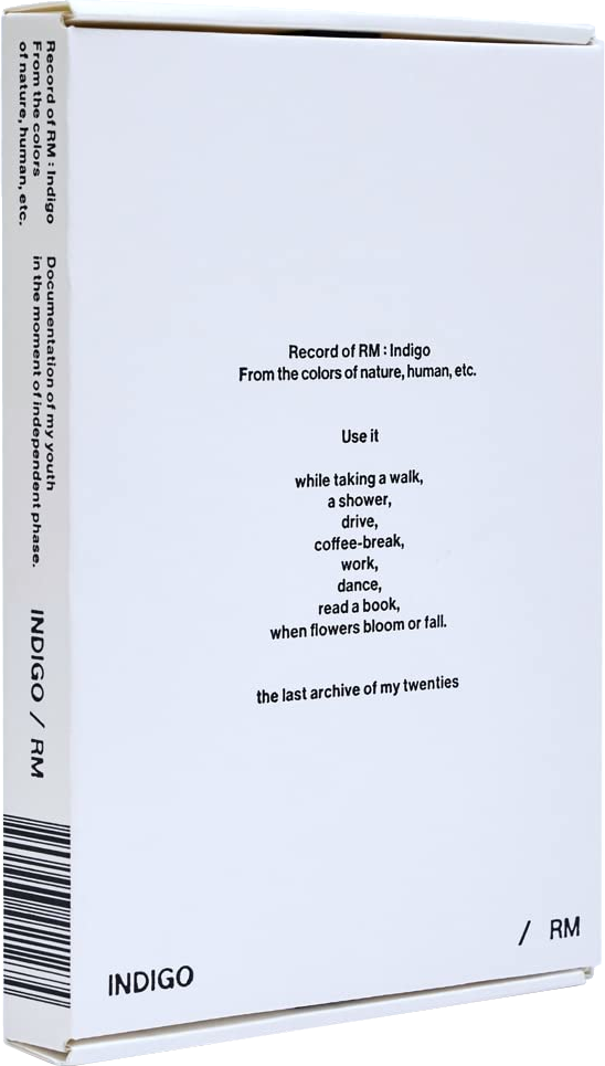 Fehér doboz szöveggel: Record of RM: Indigo. A szöveg a lemezhez kapcsolódó tevékenységeket írja le.