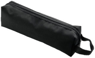 A black pencil case with a zipper and a small handle, viewed from an angle against a white background.