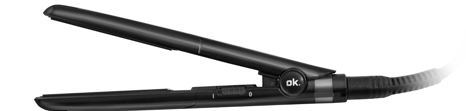 Black hair straightener on white background, open, with cord attached.  'ok.' logo on the side.