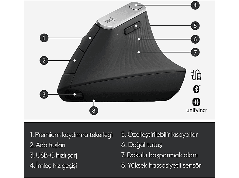 LOGITECH MX Vertical Gelişmiş Ergonomik Dikey Mouse - Siyah_5