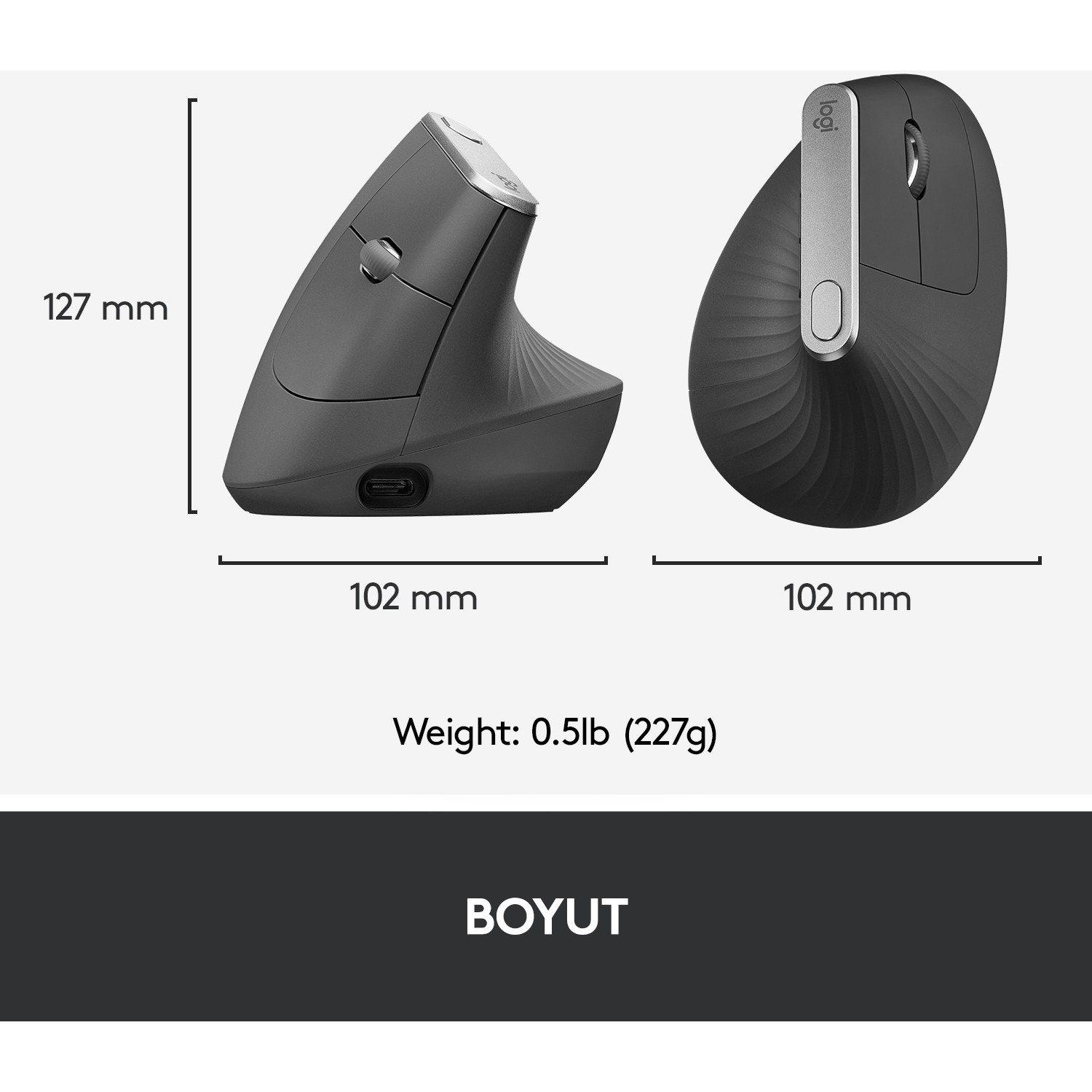 Ergonomik fare, yan ve üst görünümler, boyutlar ve ağırlık belirtilmiş.