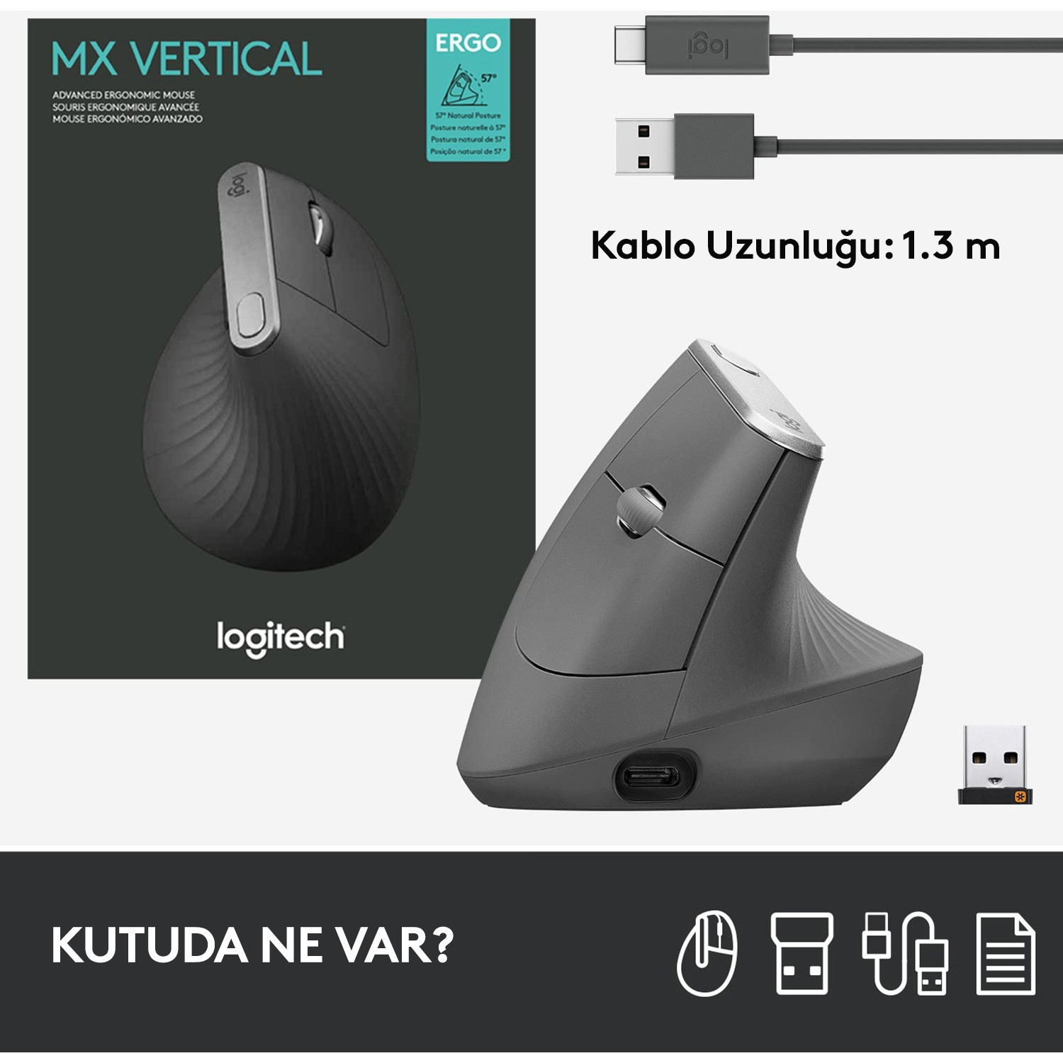 Gri gövdeli, siyah kablolu ve beraberindeki ürün kutusuyla ergonomik dikey fare.