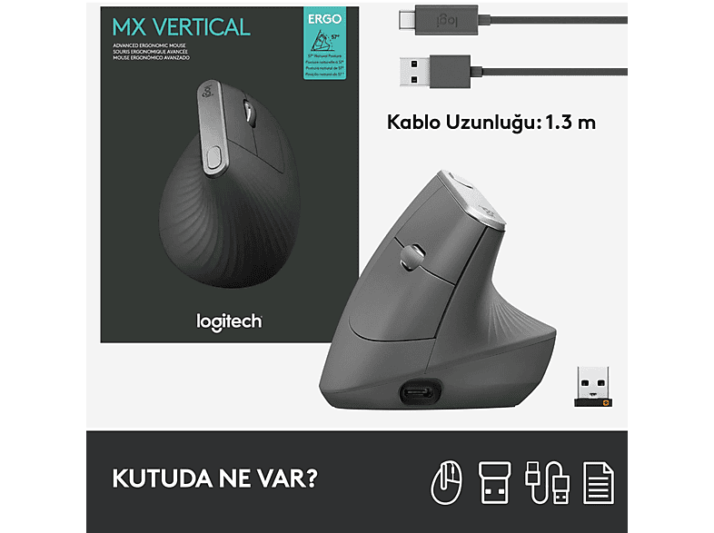 LOGITECH MX Vertical Gelişmiş Ergonomik Dikey Mouse - Siyah_8