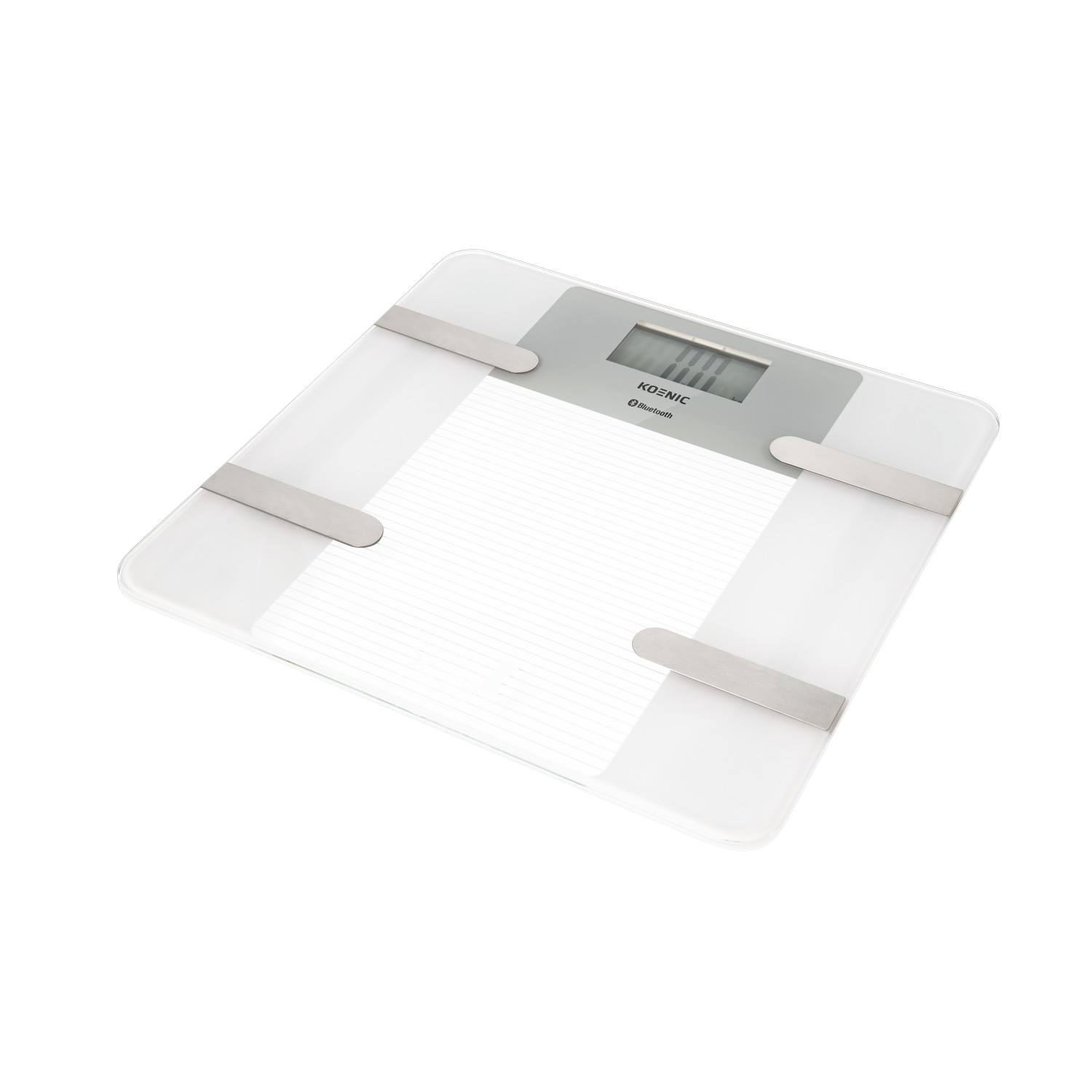 Witte slimme weegschaal met Koenic Bluetooth-display op een zwart oppervlak.