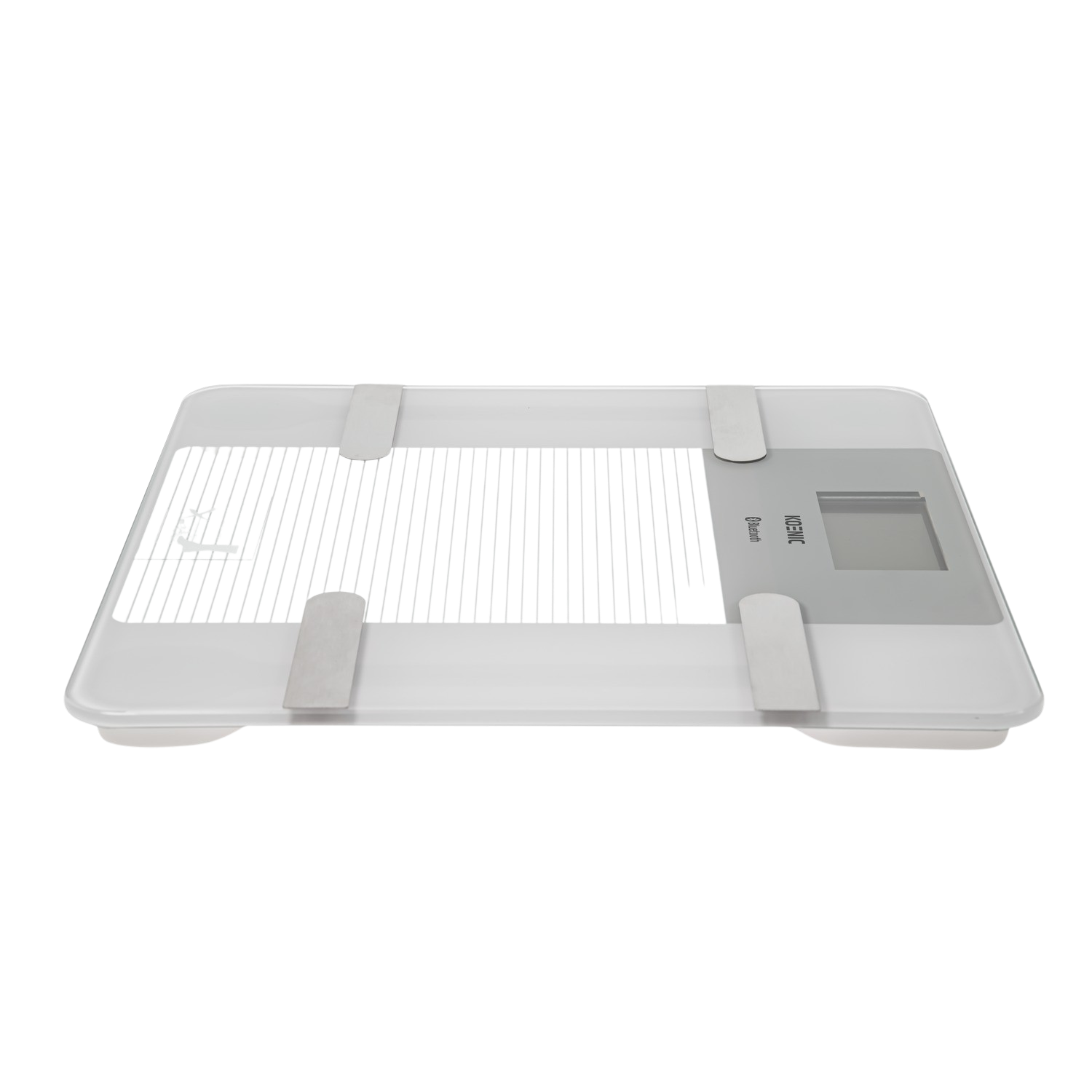 Witte weegschaal met een digitale display en zilveren metalen pads.