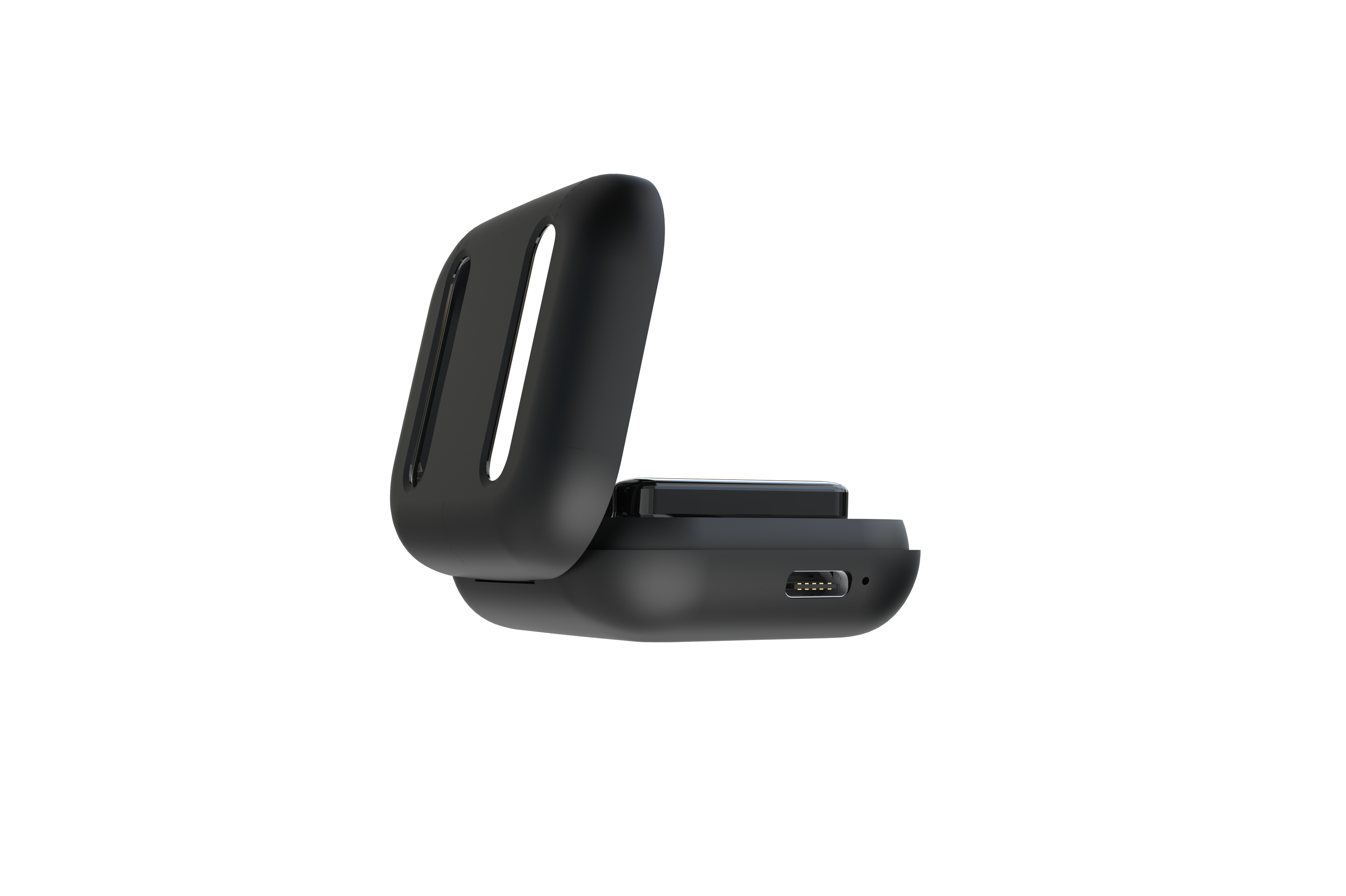 Schwarzes Ladecase, geöffnet. USB-C-Anschluss sichtbar. Schwarzer Hintergrund.