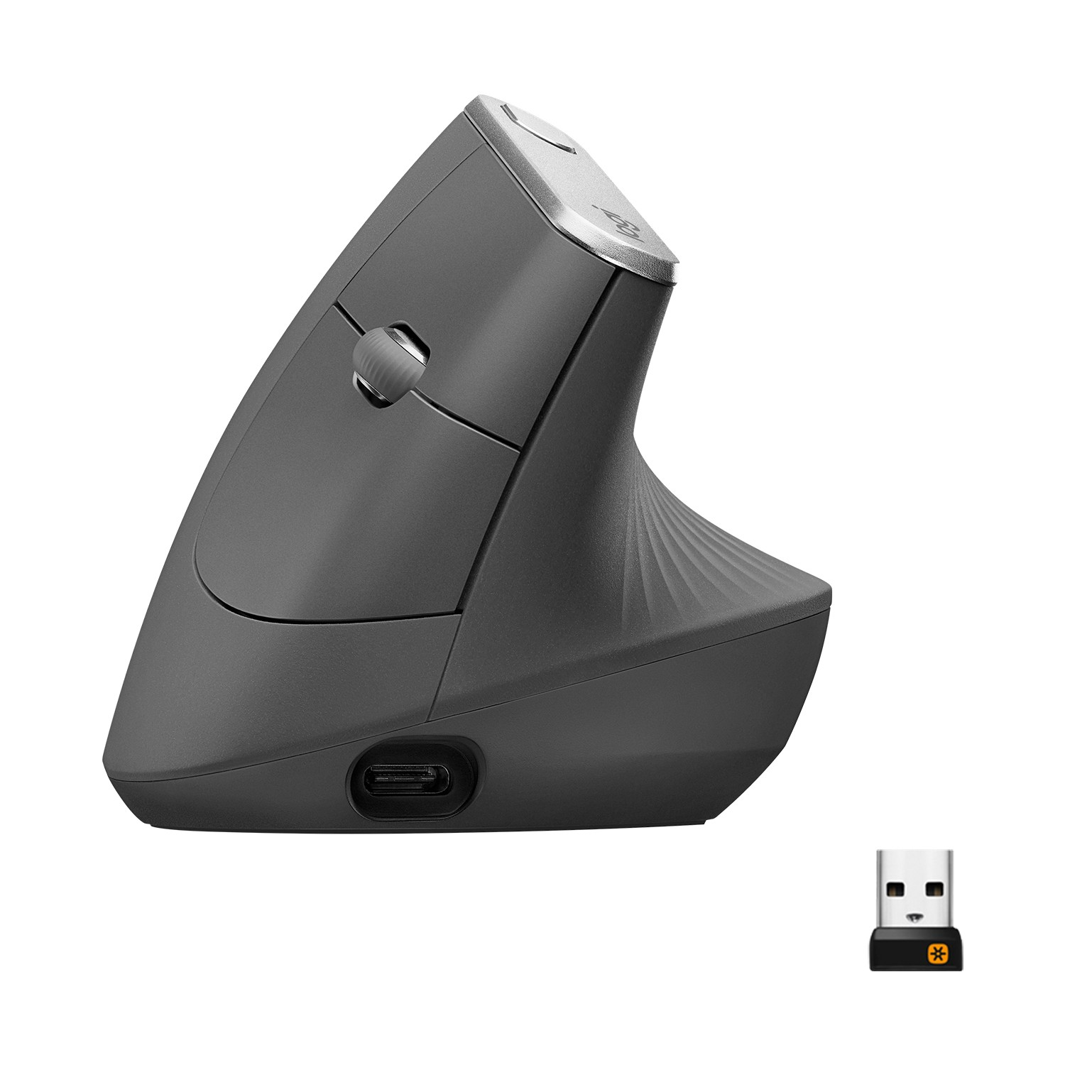 Ergonomik fare. Gri renk, bir USB-C portu ve küçük bir USB alıcısı ile.