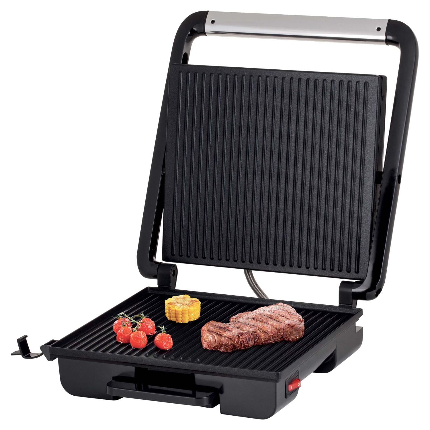 Nyitott fekete grill steakkel, kukoricával és paradicsommal az alsó grillen, fekete háttér.