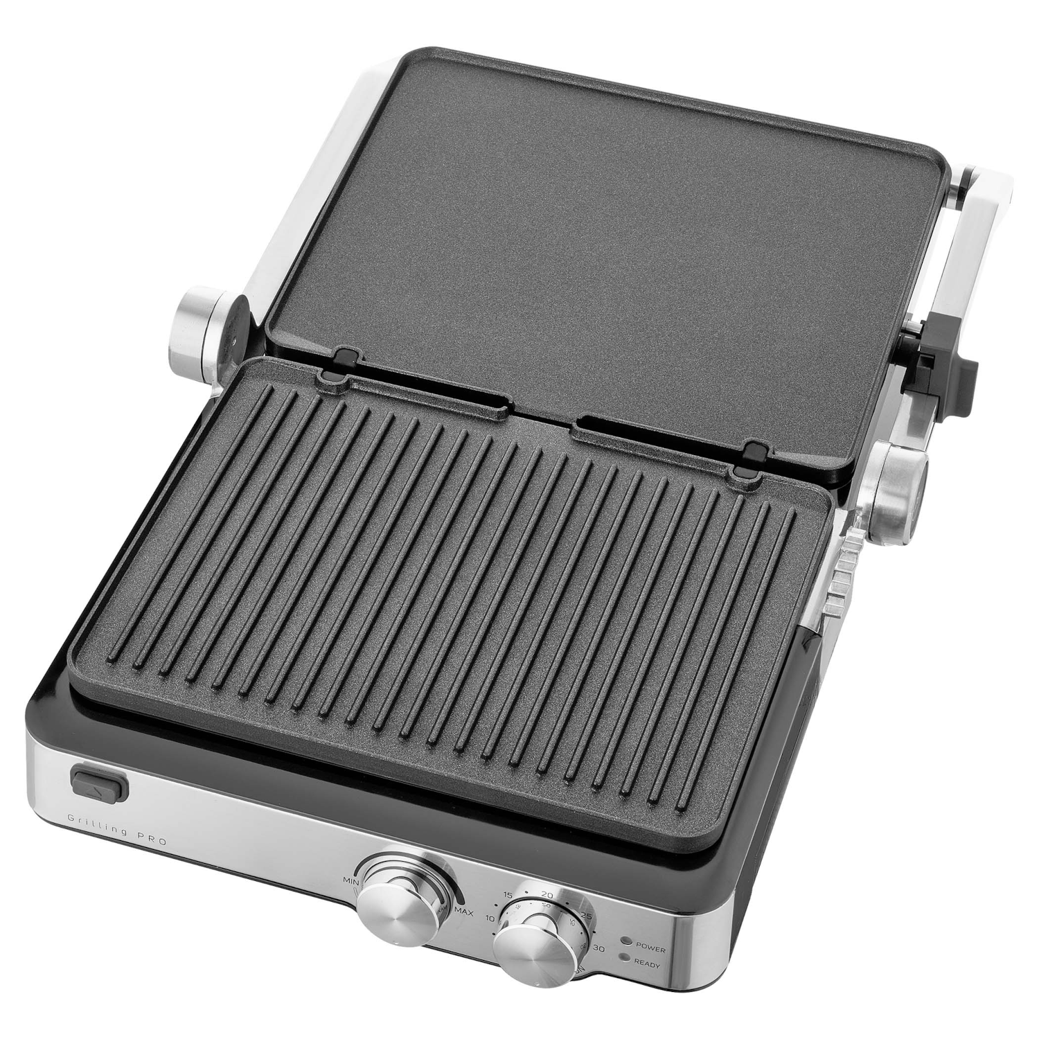 Grill, nyitott nézet. Fém és fekete, vezérlőkkel.