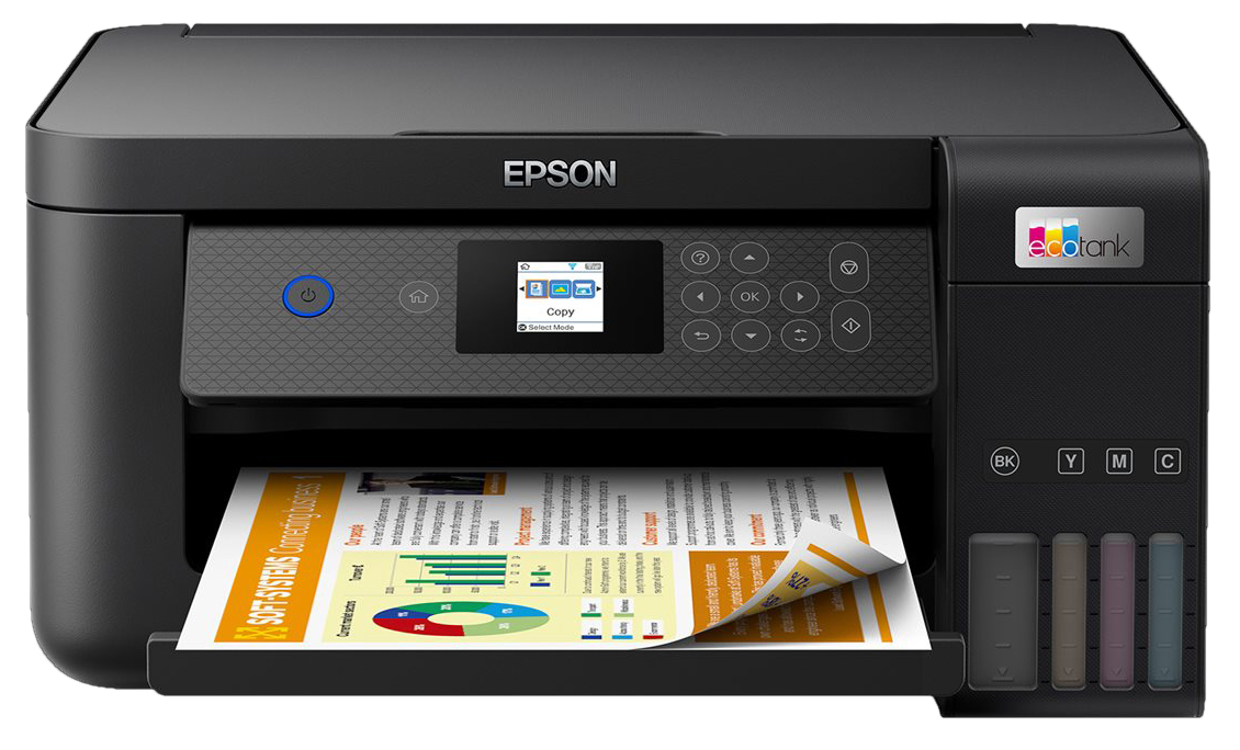 Ein Epson-Drucker mit Papier und einem kleinen Bildschirm, Tintenpatronen sind sichtbar.
