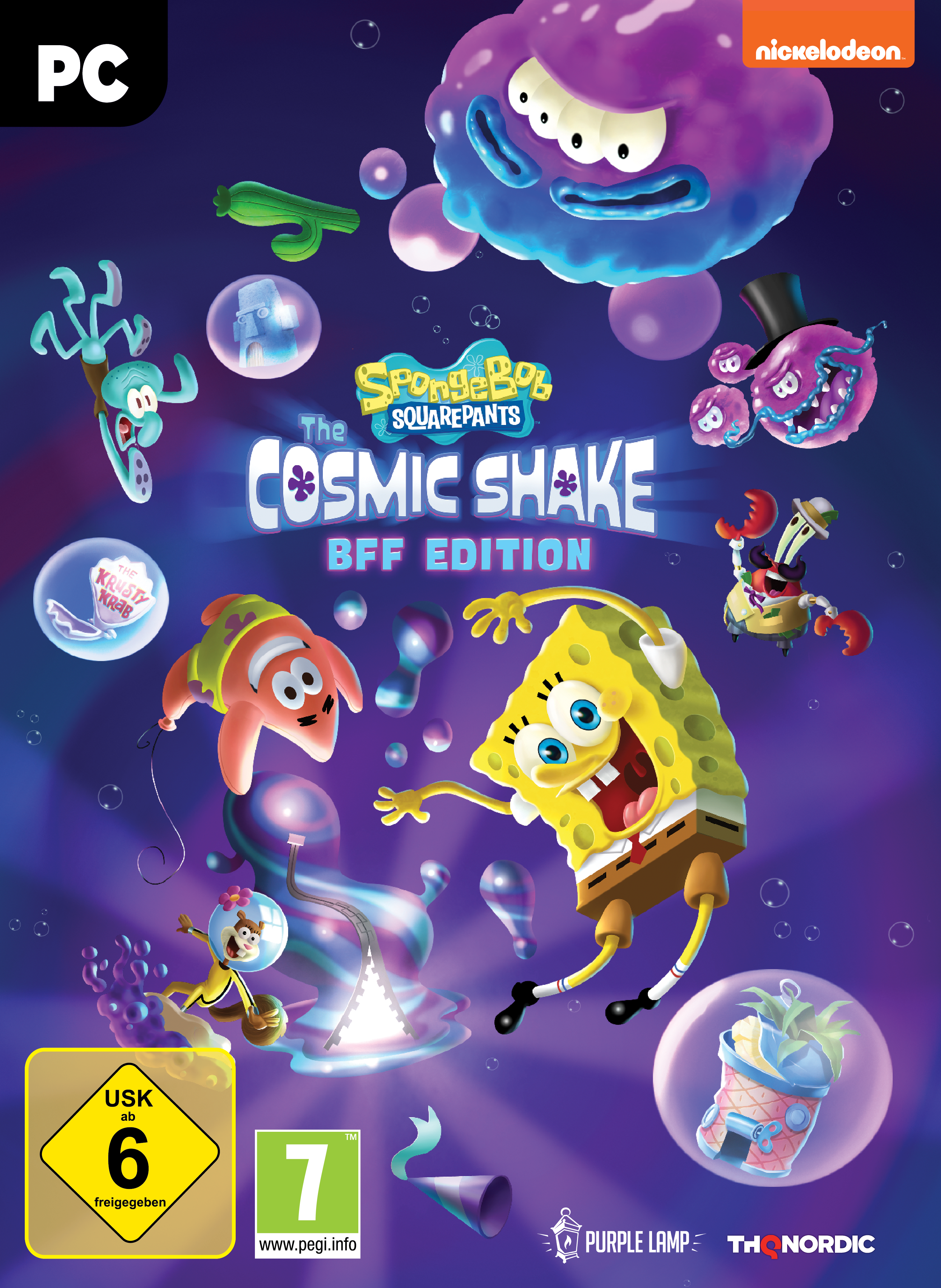 SpongeBob SquarePants Videospiel-Cover mit mehreren Charakteren in einem lebendigen, farbenfrohen Design.