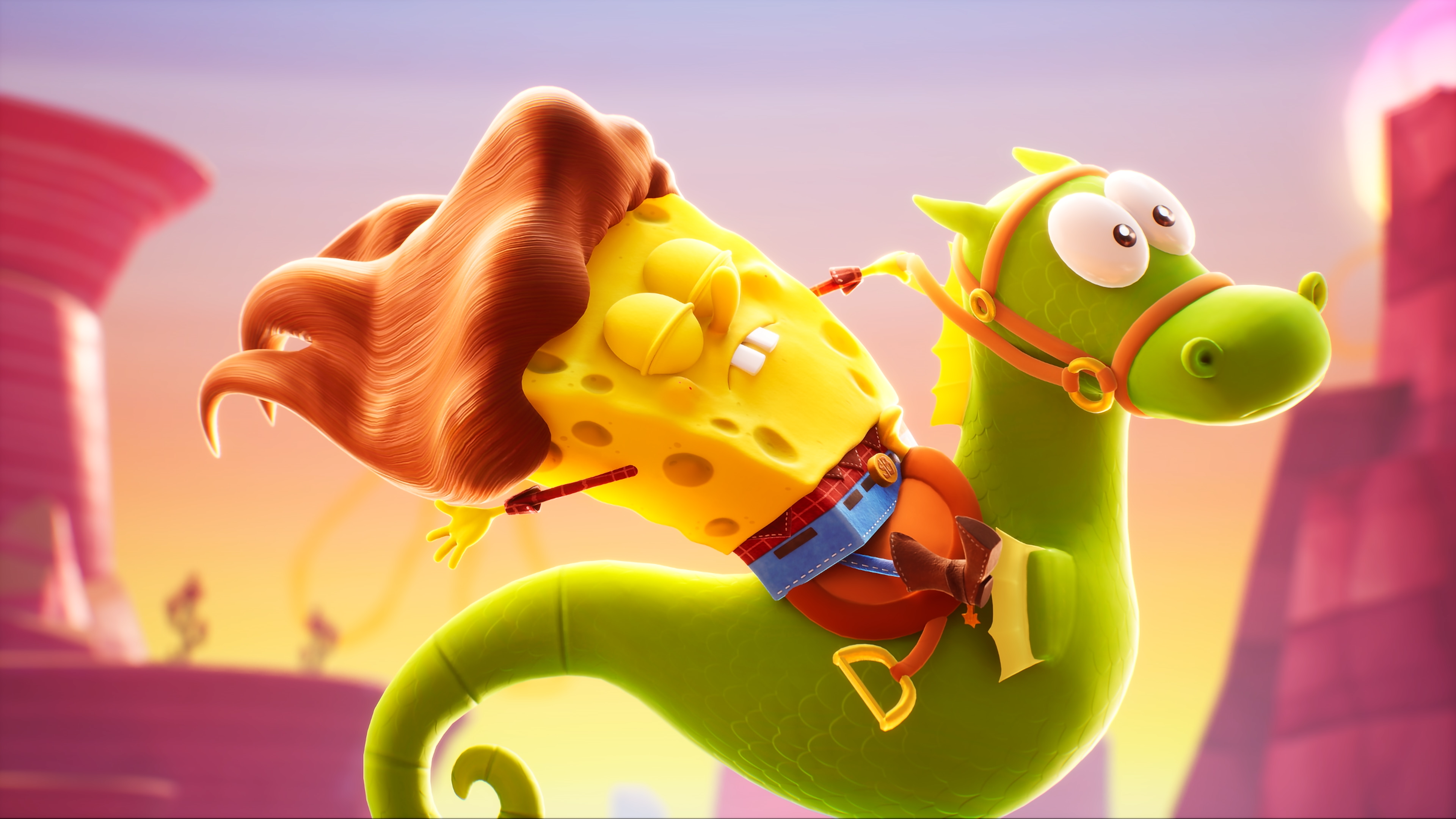 Spongebob Schwammkopf reitet ein grünes Seepferdchen.