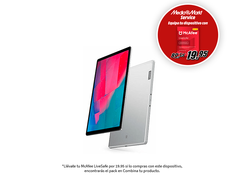 Una tableta y una promoción de McAfee LiveSafe con un logotipo de MediaMarkt.