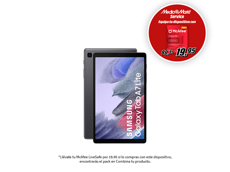 Tableta con pantalla, oferta McAfee y etiqueta de precio. Fondo blanco.