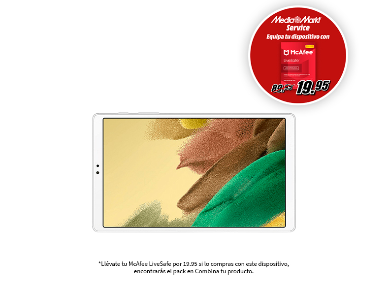 Tableta blanca con oferta promocional de McAfee LiveSafe, sobre fondo blanco.
