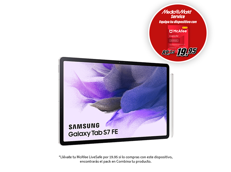 Samsung Galaxy Tab S7 FE en blanco. Promoción McAfee en la esquina superior derecha.