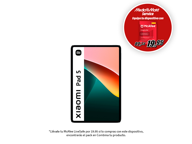 Una tableta con pantalla azul, con una etiqueta de precio para McAfee LiveSafe.
