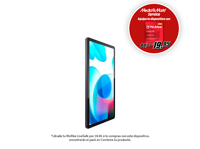 Tableta en vista lateral con etiqueta de oferta Media Markt para McAfee LiveSafe.
