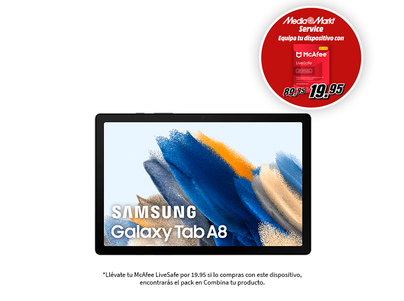 Tableta Samsung Galaxy Tab A8 con oferta McAfee LiveSafe. Un círculo rojo con etiqueta de precio en la parte superior.