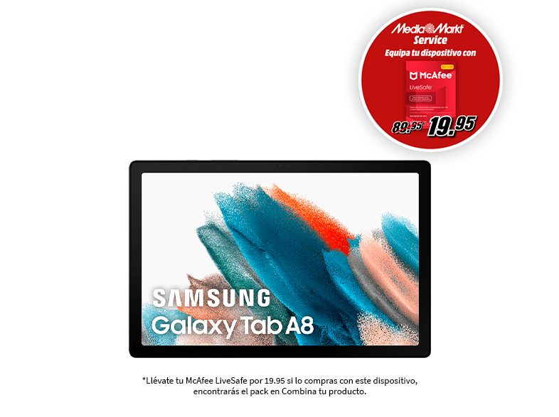 Tableta Samsung Galaxy Tab A8 sobre una superficie blanca, con oferta McAfee en el fondo.