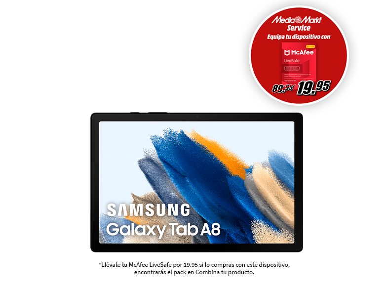 Tableta con etiqueta de oferta Media Markt para McAfee LiveSafe. Samsung Galaxy Tab A8 visible.
