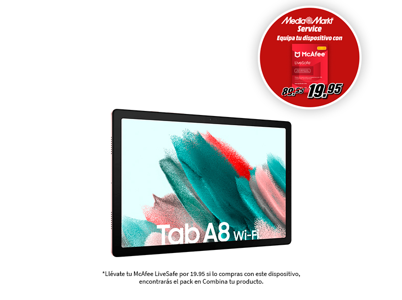 Tableta blanca con diseño rojo y verde, junto a promoción McAfee sobre fondo blanco.