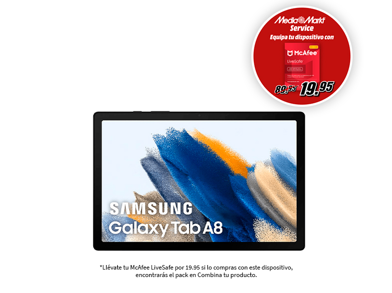 Tablet Samsung Galaxy Tab A8 con oferta McAfee LiveSafe, sobre blanco.