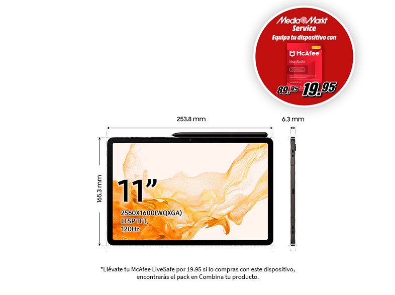 Tableta de 11 pulgadas con lápiz óptico, dimensiones y banner de McAfee LiveSafe. Texto en español.